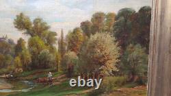 Old Painting: Oil on Canvas, Barbizon School, Countryside, Cow, Castle