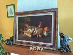 Old Painting Oil on Canvas French School Rabbit Hare Fruit Baroque 19th Century