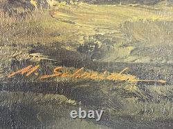 Old Painting Oil on Canvas M Schneider (early 20th century) cabin in the woods