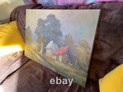 Old Painting Oil on Canvas M Schneider (early 20th century) cabin in the woods