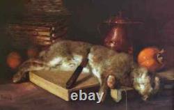 Old Painting Oil on Canvas Still Life Hare Fruit Baroque 19th Century