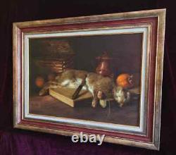 Old Painting Oil on Canvas Still Life Hare Fruit Baroque 19th Century
