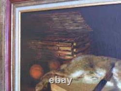 Old Painting Oil on Canvas Still Life Hare Fruit Baroque 19th Century