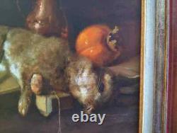 Old Painting Oil on Canvas Still Life Hare Fruit Baroque 19th Century