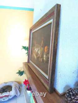 Old Painting Oil on Canvas Still Life Hare Fruit Baroque 19th Century