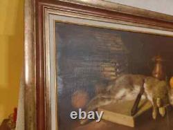 Old Painting Oil on Canvas Still Life Hare Fruit Baroque 19th Century