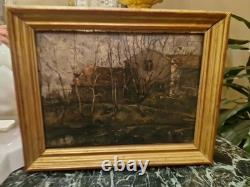 Old Painting, Oil on Panel, Houses Behind the Trees, 19th Century