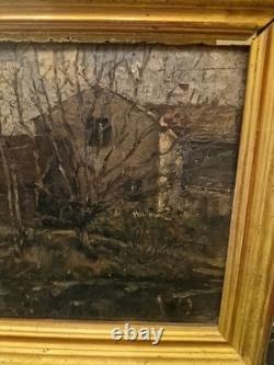 Old Painting, Oil on Panel, Houses Behind the Trees, 19th Century