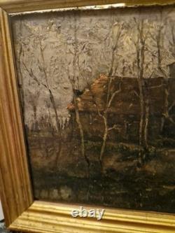 Old Painting, Oil on Panel, Houses Behind the Trees, 19th Century