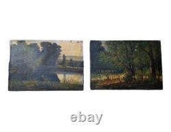 Old Painting Oil on Wood Landscape Trees, Fishing Miniature Painting Signed