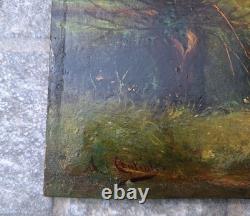 Old Painting Oil on Wood Landscape Trees, Fishing Miniature Painting Signed