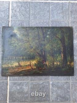 Old Painting Oil on Wood Landscape Trees, Fishing Miniature Painting Signed