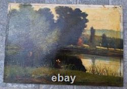Old Painting Oil on Wood Landscape Trees, Fishing Miniature Painting Signed