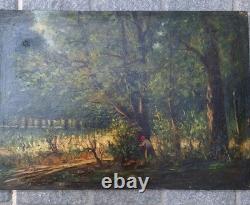 Old Painting Oil on Wood Landscape Trees, Fishing Miniature Painting Signed