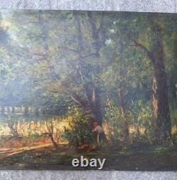 Old Painting Oil on Wood Landscape Trees, Fishing Miniature Painting Signed