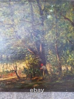 Old Painting Oil on Wood Landscape Trees, Fishing Miniature Painting Signed