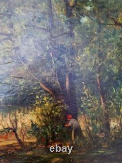 Old Painting Oil on Wood Landscape Trees, Fishing Miniature Painting Signed