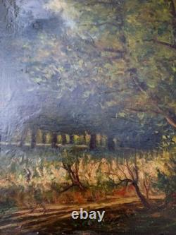 Old Painting Oil on Wood Landscape Trees, Fishing Miniature Painting Signed