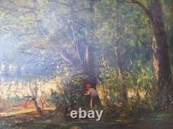 Old Painting Oil on Wood Landscape Trees, Fishing Miniature Painting Signed