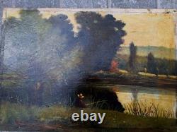 Old Painting Oil on Wood Landscape Trees, Fishing Miniature Painting Signed
