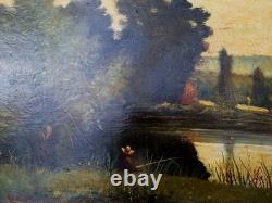 Old Painting Oil on Wood Landscape Trees, Fishing Miniature Painting Signed