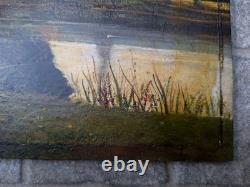 Old Painting Oil on Wood Landscape Trees, Fishing Miniature Painting Signed