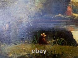 Old Painting Oil on Wood Landscape Trees, Fishing Miniature Painting Signed