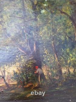 Old Painting Oil on Wood Landscape Trees, Fishing Miniature Painting Signed