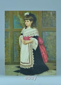 Old Painting Portrait Of Young Girl In Costume Traditional Hairstyle Signed