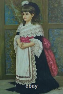 Old Painting Portrait Of Young Girl In Costume Traditional Hairstyle Signed