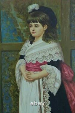 Old Painting Portrait Of Young Girl In Costume Traditional Hairstyle Signed