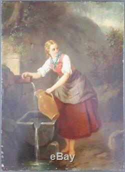 Old Painting Young Woman At The Fountain Painting Oil Antique Oil Painting