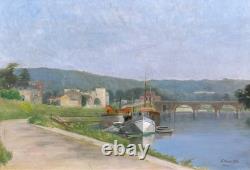 Old Painting by Victor Marais-Milton: Sèvres Bridge, Saint-Cloud, Seine Landscape, Meudon