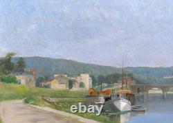 Old Painting by Victor Marais-Milton: Sèvres Bridge, Saint-Cloud, Seine Landscape, Meudon