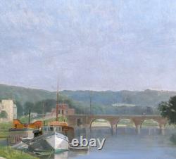 Old Painting by Victor Marais-Milton: Sèvres Bridge, Saint-Cloud, Seine Landscape, Meudon