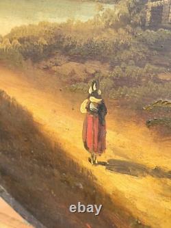 Old Painting signed French School Animated Landscape Oil on Panel