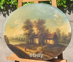 Old Painting signed French School Animated Landscape Oil on Panel
