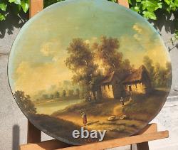 Old Painting signed French School Animated Landscape Oil on Panel