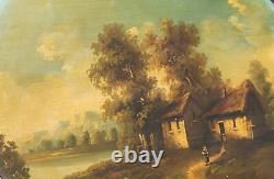 Old Painting signed French School Animated Landscape Oil on Panel