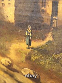Old Painting signed French School Animated Landscape Oil on Panel