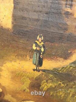 Old Painting signed French School Animated Landscape Oil on Panel