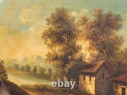 Old Painting signed French School Animated Landscape Oil on Panel