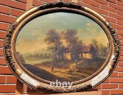 Old Painting signed French School Animated Landscape Oil on Panel
