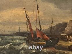 Old Paintings. Marine Landscape with Sails Oil Painting on Wood Panel