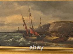 Old Paintings. Marine Landscape with Sails Oil Painting on Wood Panel