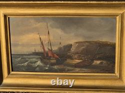 Old Paintings. Marine Landscape with Sails Oil Painting on Wood Panel