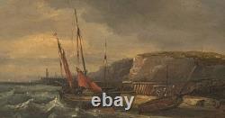 Old Paintings. Marine Landscape with Sails Oil Painting on Wood Panel