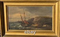 Old Paintings. Marine Landscape with Sails Oil Painting on Wood Panel