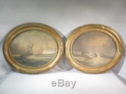 Old Pair Of Tables Sailing Marine Oil On Wood Signs Time Late Nineteenth