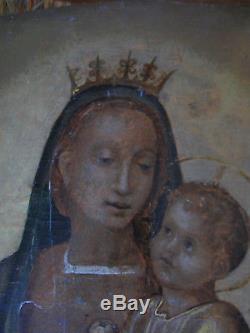 Old Religious Table Madonna And Child Oil Wood Panel Retable XVII